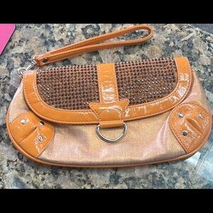 Express Orange Rhinestone Clutch Wristlet Y2K Studded Patent Trim